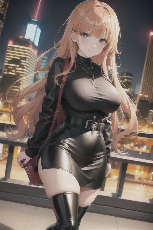 full body, strawberry blonde hair, hazel eyes, short girl, black miniskirt, black high heel boots, looking at viewer, long hair, pale skin, silver necklace, black shirt, 24 years old, giant breasts, cute face, pov, wavy hair, city environment, Oklahoma City, wide eyes, erotic, skirt tug, red trench coat, nighttime, black backpack