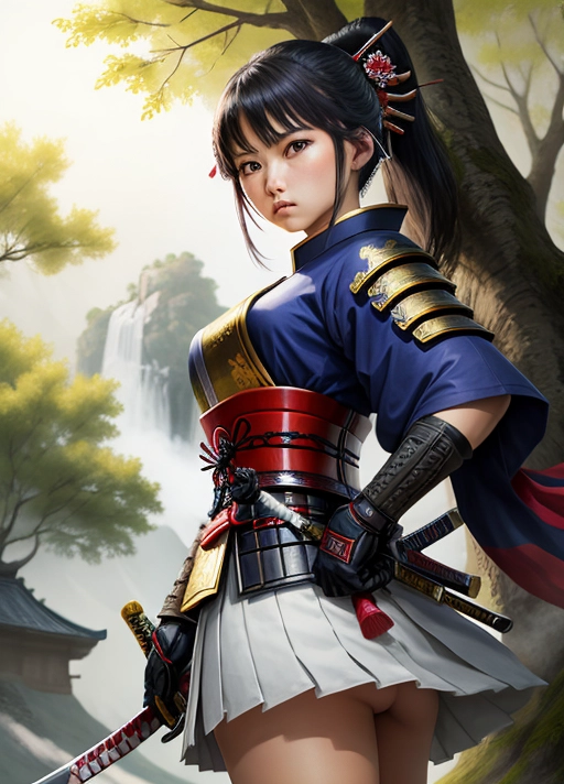 (best quality, masterpiece), 1girl, katana, samurai, looking at viewer, dual wielding, tree, leaf,