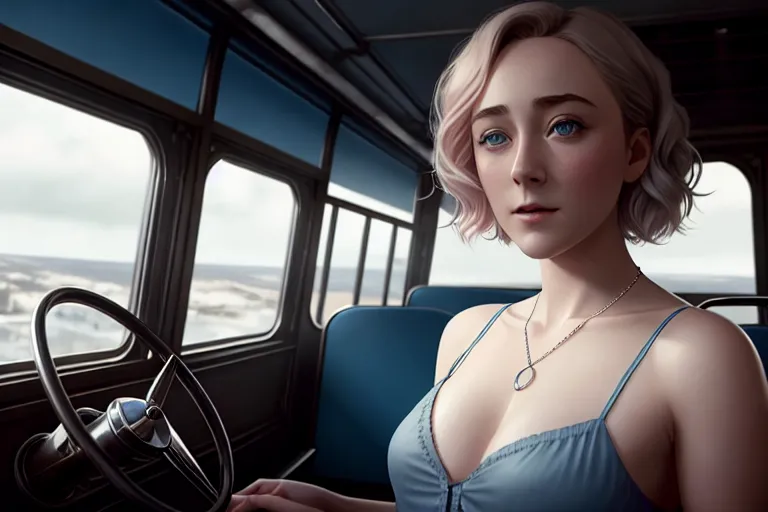 a concept art of,saoirse ronan,wearing camisole,shooting from a high point,in the bus,big breasts,five slender fingers,short hair,gorgeous face,beautiful lips,blue eyes,curved eyebrows,pale skin,romantic,wearing necklace,cgsociety,ultra realistic,editorial,smooth,cinematic lighting