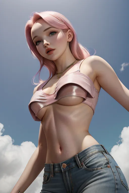A digital painting of, young Dove Cameron, best quality, pink loose croptop, (((showing underboob))), low angle shot