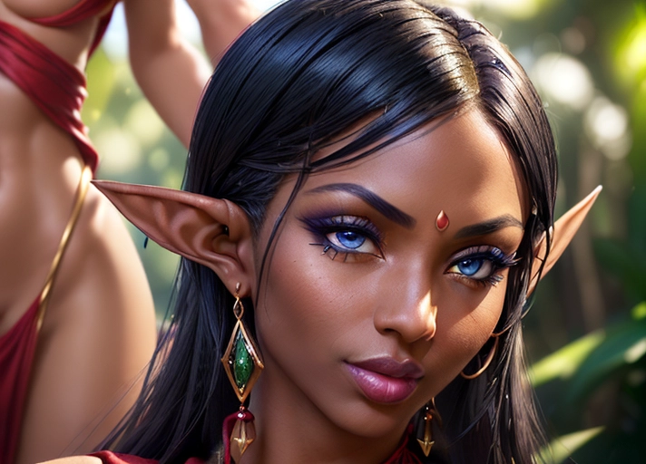 (2 women standing close to each other:1.4), (outstanding portrait of an Elf princess with black skin and a slave human woman with fair skin:1.2), (the princess is a stunningly sexy and beautiful woman with blue eyes watching the viewer), athletic body with toned abs seen through a transparent skimpy yellow silk dress, slender waist with smooth skin and deep cleavage, detailed erect nipples seen through dress, (dramatic pose with arched back and exposed armpit:1.2), (slim body with small breasts:1.4), luxurious and revealing silk dress, extremely long platina blonde floating hair reaching to her hips, golden earrings and bracelets with precious gems, (naughty but sexy smile:1.1), (purple eyeliner:1.1), (smokey eyeshadow:1.0),
(the human slave woman is standing next to the elf princess dressed in a simple red harem outfit and has short black hair:1.4),
(front view zoomed in portrait with focus on faces:1.8), background setting is outdoor in a lush forrest with pond and waterfall, several purple flowers on trees and bushes,
(masterpiece:1.1), (photorealism:1.1), <lora:dpmg_add_detail:0.6>, (NSFW:1.2),
cinematic lightning, artificial lighning, great shadows, best quality, highest quality, highest resolution, 8k, Perfect composition, masterpiece, sharp focus, perfect anatomy, five detailed fingers on each hand, two arms, no ribs visible, no extra nipples, (no males in picture:1.2),