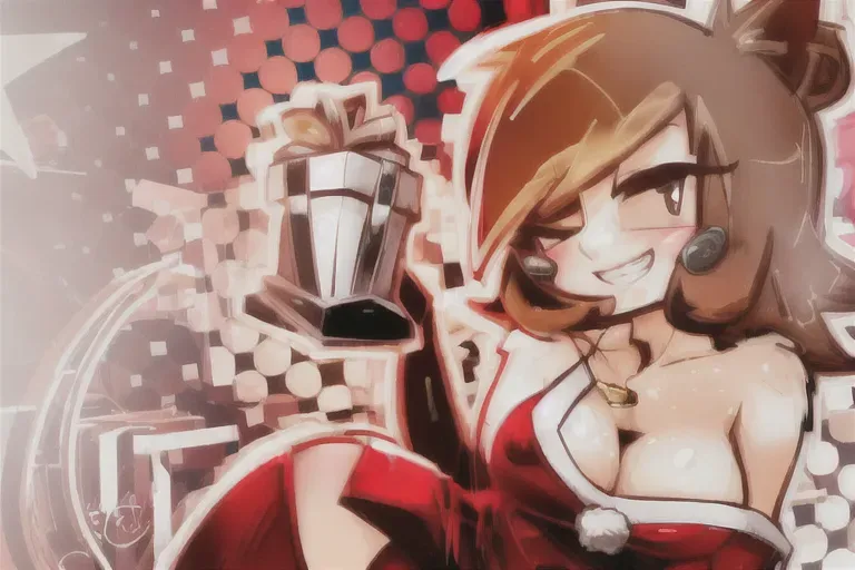 a digital photo of Bella from animal crossing laying in a seductive pose, holding a present in one hand, winking at the camera with her tits hanging out, Huge titties, out in the open boobs, Red outfit, Blond hair, rat, fat ass, grey fur, fuzzy, sharper, angular hair, big ears, rosy cheeks, angular art style, tits out in the open, smug grin, (((TITS ARE OUT IN THE OPEN AND NOT COVERED BY CLOTHING)))