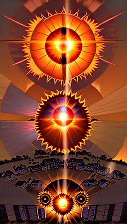 ((((the sun in the sky has a giant vertical pupil)))),
The village beneath the gigantic sunset,