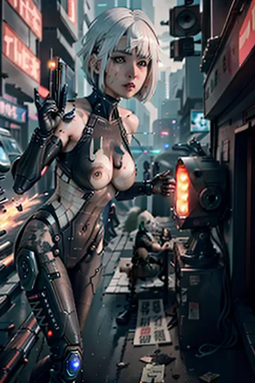 a digital painting of lucyna kushinada from cyberpunk shooting a laser rifle in a gunfight with torn clothes. shredded clothes. black singlet. sleeveless. armless. (ripped clothing:1.2). wounds. scrapes. (scratches:1.2). <lora:dpmg_black_see_through:1>. urban. action scene. combat. tracers. action. <lora:dpmg_scifi:0.6>. athletic. natural breasts. small tits. saggy tits. 20. blue eyes. (white hair:1.2). bangs. short hair. bob haircut. angled bob haircut. five fingers per hand. beautiful face. pretty face. small mouth. thin lips. curved eyebrows. editorial. pixiv. 8k. ultra realistic. masterpiece. (german:0.4). (korean:1). (japanese:0.6). lucy from cyberpunk. (cyborg:0.2). (cyberpunk:0.8). (robot skin:1). (nude:0.8). nsfw. (robot body:0.6). pink eyeliner. skinny. (muscular:0.2). crotchless. vagina. realistic pussy. (mechanical:0.8). sweaty. cyberskin. bottomless. white eyebrows. exposed arms. exposed legs. explosions. fire. injured. (fighting:1.2). firefight. (wounded:1.2). action pose. blaster rifle. battle. intense. realistic weapons. (futuristic sniper rifle:1.2)
