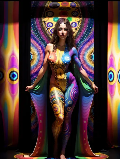 Woman wearing full body psychedelic hippy trippy body paint in dark photo studio, Klimt, dramatic pose