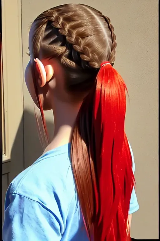 Small tited red haird college girl, long hair, braided ponytail, facing viewer