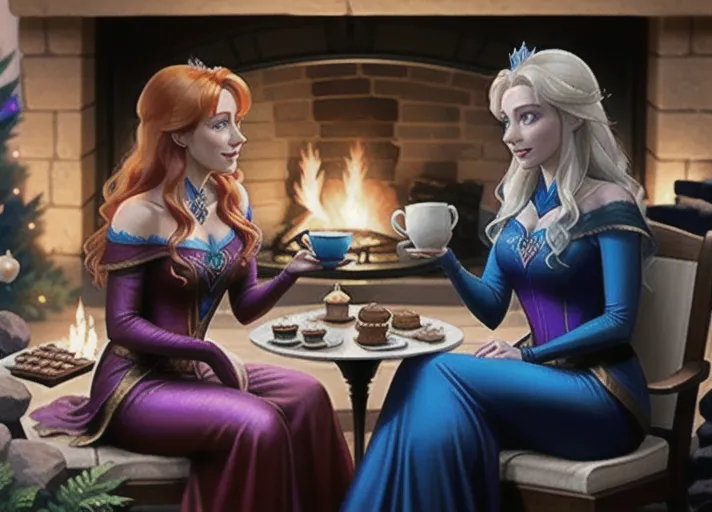 Beautiful sapphire eyed auburn haired Queen Anna of Arendelle in green enjoying a cheery light-hearted conversation with her platinum haired sister, Elsa in blue, enjoying a large mug of hot chocolate with mini marshmallows and a tray of brownies sitting by the fireplace.
