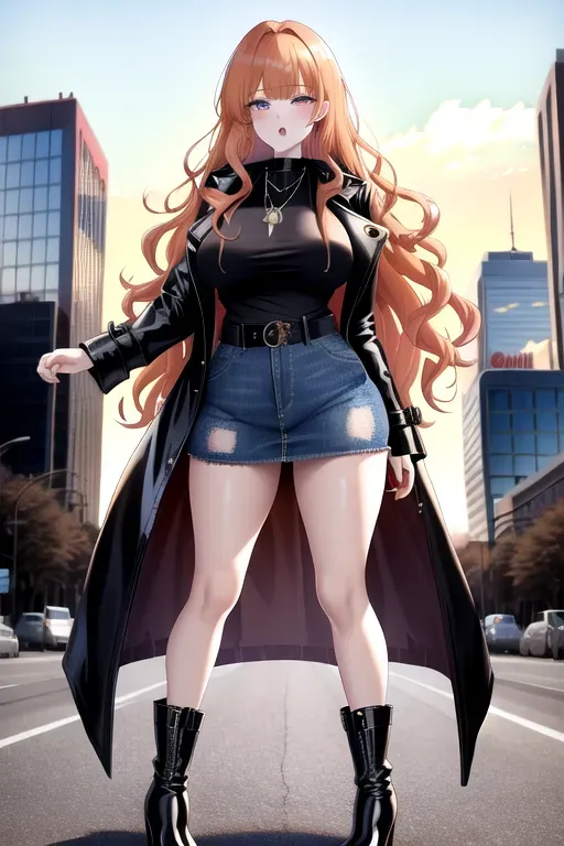 full body, strawberry blonde hair, hazel eyes, short girl, denim miniskirt, black high heel boots, looking at viewer, long hair, pale skin, black necklace, black shirt, 24 years old, giant breasts, cute face, pov, wavy hair, city environment, Oklahoma City, wide eyes, erotic, skirt tug, trench coat
