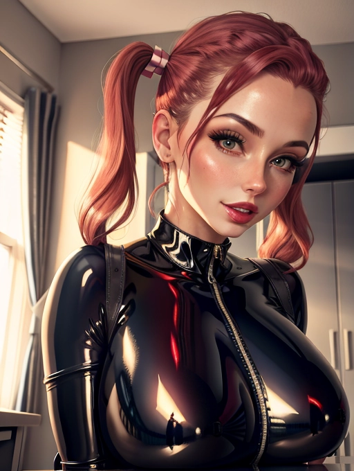 sexy woman wearing latex, breasts exposed, pigtails, latex breast cutouts,