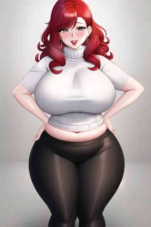 An extremely fat redheaded milf with curly hair wearing a turtleneck sweater and yoga pants, with plump red lips and a belly that sags to her knees