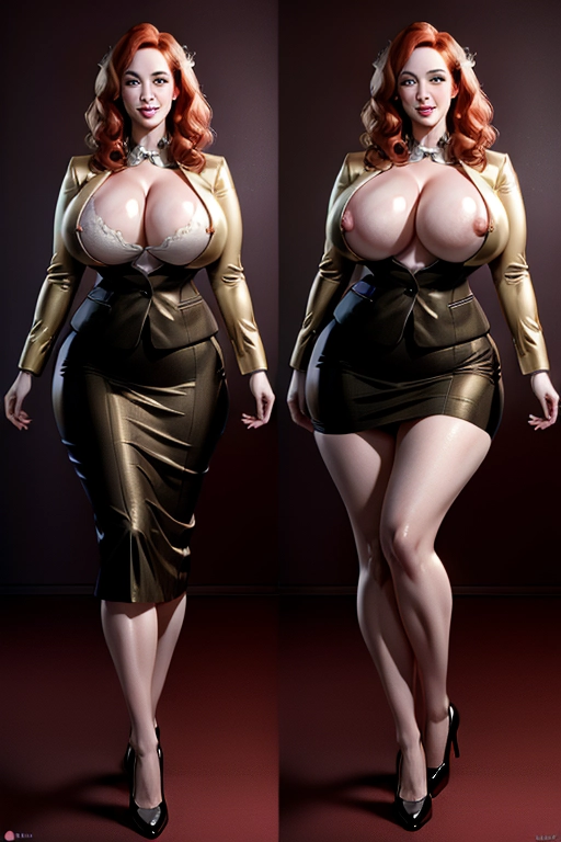 (cum:1.5), (Christina Hendricks, woman,lawyer, large breasts, seductive smile, blush,business skirt, onoff, simple background, background, split screen, <lora:onoff:1>