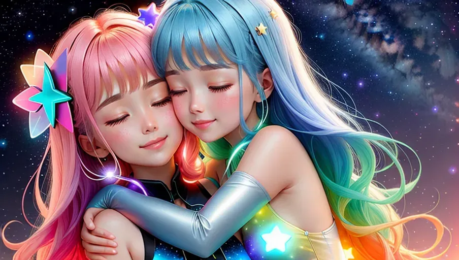 two colored light energy beings, lovingly hugging, stars background