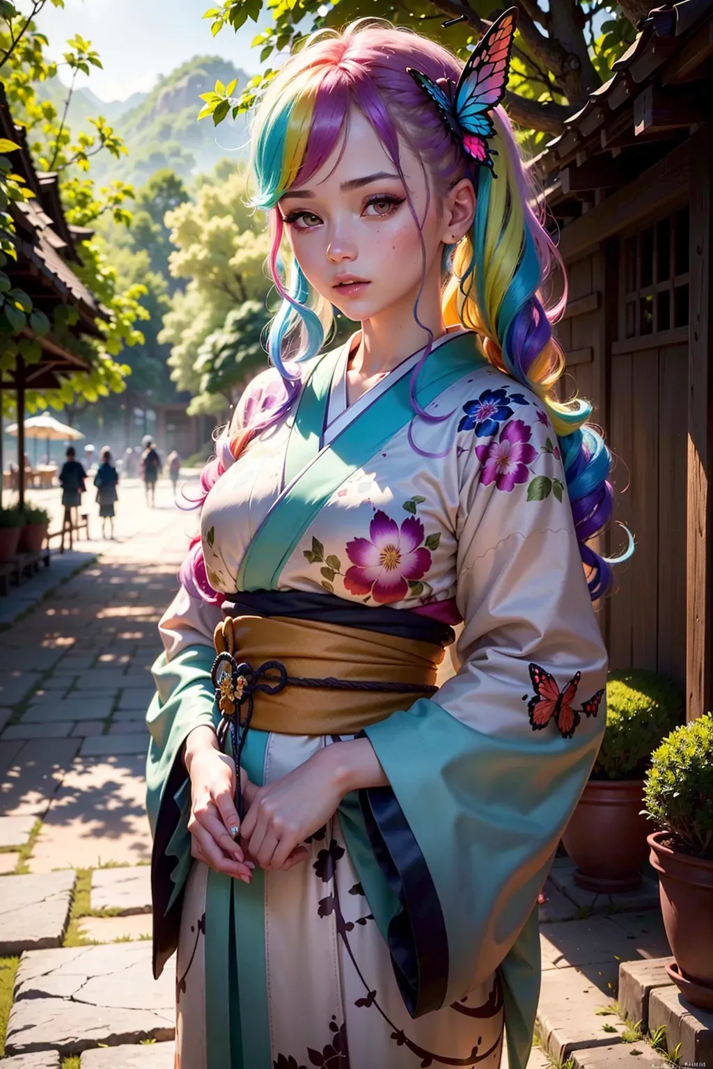 1girl, beautiful girl, (rainbow-colored hair, rainbow-colored kimono, rainbow-colored eyes, butterfly hair ornaments, pale skin that glistens in the sun), outdoors, sakura trees, (beautiful detailed eyes, symmetrical eyes), dramatic lighting, (photorealism:1. 5), (photorealistic:1. 4), (8k, RAW photo, masterpiece), High detail RAW color photo, a professional photo, realistic, (highest quality), (best shadow), (best illustration), ultra high resolution, highly detailed CG unified 8K wallpapers, physics-based rendering, photo, realistic, realism, high contrast, hyperrealism, photography, f1. 6 lens, rich colors, hyper-realistic lifelike texture, cinestill 800