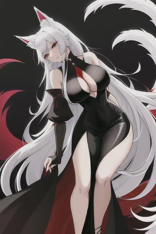 woman with a nose, cat ears, wolf tail, long white hair, red eyes, black dress