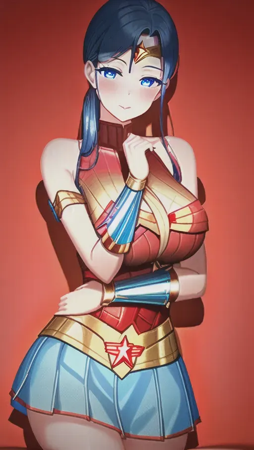 Wonder Woman in red and gold wonder woman costume with blue skirt with loving soft smile and blue mini skirt. huge round blue eyes, Love hotel background, soft bed. Soft chest, soft lips, kissing lips, exposed shoulders, comforting, detailed hands