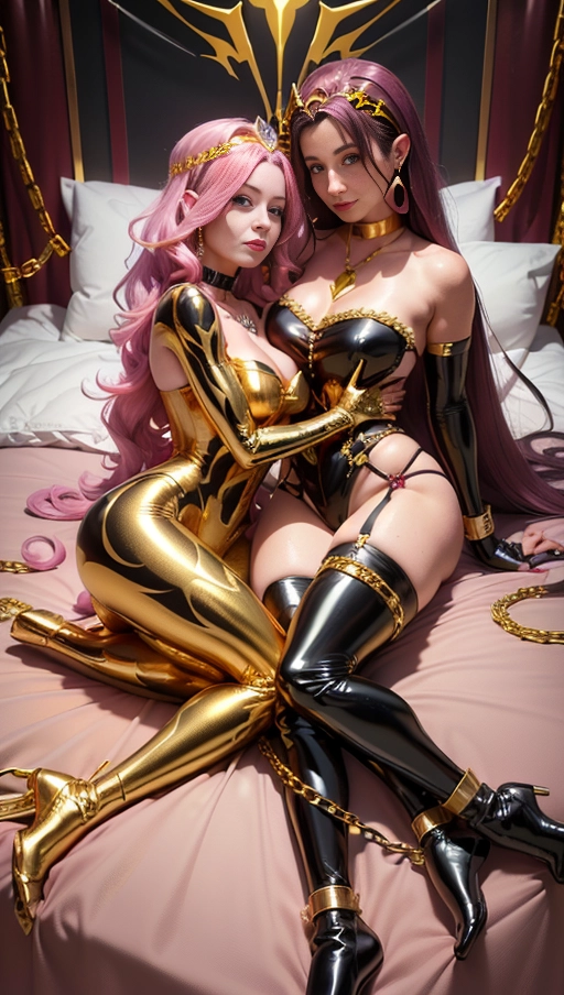 best quality, (((ultra high res))), (detailed face and eyes), (succubus), hearts, perfect face, necklace, (big choker), golden earrings, jewelry, tail, gloves, snake, ((gold)), (((big pink diamond diadem))), (big pink diamond crown), hourglass body, snake coiling, golden snake, ((handcuffs)), handcuffed, ((((chained)))), (tied up), chains, chain, (((((golden symbiote suit))))), (((( golden symbiote girl)))), (((golden succubus symbiote))), (((succubus wings))), (((big cameltoe))), ((((burgundy hair)))), ((((very long hair)))), ((((straight hair)))), dress, ((boots)), (((((2 girls cuddling in bed)))))