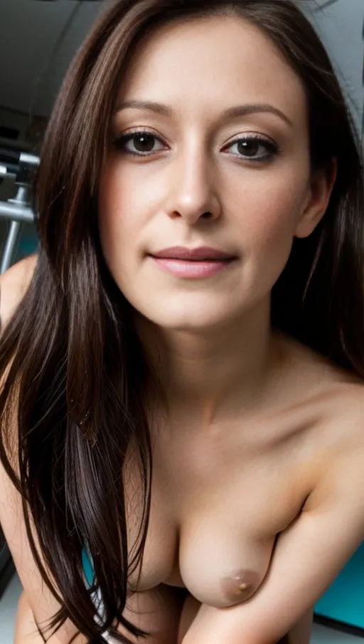 Photography of the face of an 20 yo female model (kneeling) in front of the viewer, brown straight hair, perfect small natural breast, detailed facial features, detailed pleading eyes, pale skin, (((show her from above))), closeup on her face and tits, she looks up to the viewer, (pleading facial expression), in a lab, naked breast