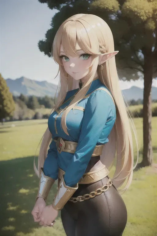 <lora:dpmg_princess_zelda:0.3>, 1girl, bangs, blonde hair, breasts, bridal gauntlets, green eyes, highres, jewelry, long hair, long sleeves, nintendo, outdoors, pointy ears, ring, small breasts, solo, standing, the legend of zelda, tree, triforce print, blue shirt and black pants