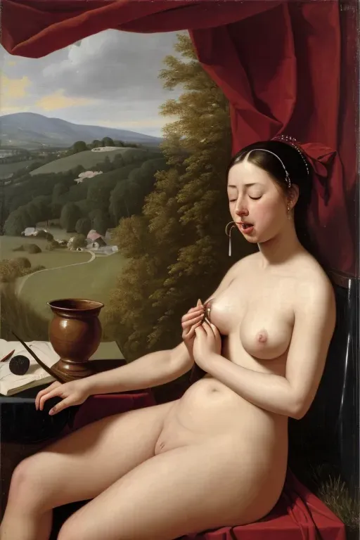 painting,1girl,naked,leg spread, 17 century
she must be having a powerful (((sneezing fit))) ((sneezing)) allergy, hay fever, with her nostrils flaring, ((her eyes closed)) and ((her mouth wide open)), ((damp spot on panties)), the expression on her face is one of sexual ecstasy because she finds sneezing pleasurable and arousing