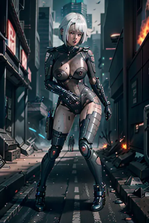 a digital painting of lucyna kushinada from cyberpunk shooting a pistol in a gunfight with torn clothes. shredded clothes. black bodysuit. sleeveless. armless. (ripped clothing:1.2). wounds. scrapes. (scratches:1.2). <lora:dpmg_black_see_through:1>. cityscape. action scene. combat. tracers. action. <lora:dpmg_scifi:0.6>. athletic. natural breasts. small tits. saggy tits. 20. blue eyes. (white hair:1.2). bangs. short hair. bob haircut. angled bob haircut. five fingers per hand. beautiful face. pretty face. small mouth. thin lips. curved eyebrows. editorial. pixiv. 8k. ultra realistic. masterpiece. (german:0.4). (korean:1). (japanese:0.6). lucy from cyberpunk. (cyborg:0.2). (cyberpunk:0.8). (robot skin:1). (nude:0.8). nsfw. (robot body:0.6). pink eyeliner. skinny. (muscular:0.2). crotchless. vagina. realistic pussy. (mechanical:0.8). sweaty. cyberskin. bottomless. white eyebrows. exposed arms. exposed legs. explosions. fire. injured. (fighting:1.2). firefight. (wounded:1.2). action pose. gun. battle. intense