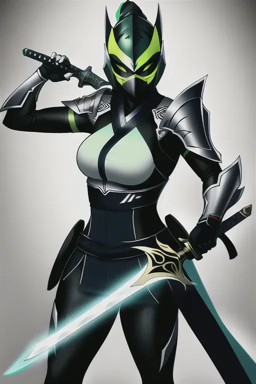 Ninja, full face mask, white, glowing green accents, with a sword, female, 8k wallpaper, best quality, ultra hd, global lighting, hi-resolution, high quality, highly detailed