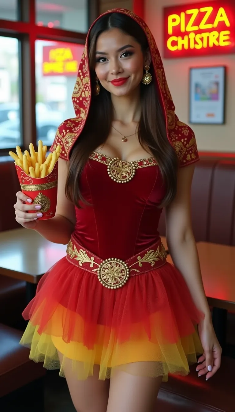 The costume includes a red velvet bodice, a short, multicolored skirt with a tulle underlay, and a patterned headscarf. The skirt and scarf are in shades of red and yellow with gold accents and embellishments, badges, logo, crest on clothes. The woman is wearing pizza_shape earrings. Her hair is long and dark brown. She has a light complexion and a neutral facial expression. Her body type is slender and athletic. She is holding french fries in her left hand. The background is a typical pizzeria, tables with kitchen view, neon signs in windows. The lighting is bright and even, casting no significant shadows. The composition is symmetrical and emphasizes the costume. The overall style is suggestive of an Eastern fantasy-inspired costume. The costume includes detailed patterns and embellishments. The atmosphere is playful and slightly theatrical