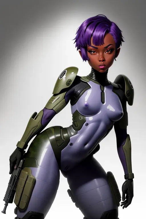 Alien soldier, female, dark red skin, camo exoskeleton, short purple hair, small nose, bright sexy yellow eyes, small sharp chin, full cheeks, dimples, pursed full lips, curvy body, military uniform, naked, thin waist, tummy, creamy juicy vagina, spread open thicc ass, anus, wanting sex, looks alien, fingering, tactical, weapons guns sword, high definition, excellent lighting.