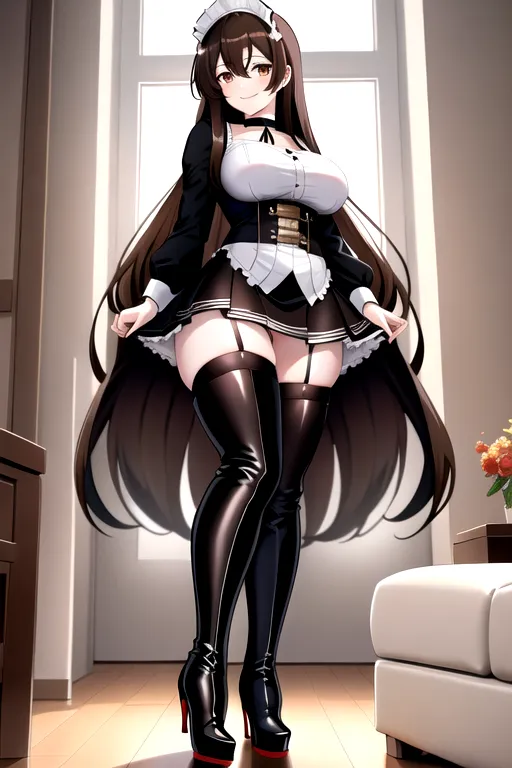 long hair, brown hair, brown eyes, black maid uniform, miniskirt, enormously giant breasts, looking at viewer, in living room, high heels, pale skin, choker, smiling, thigh high boots