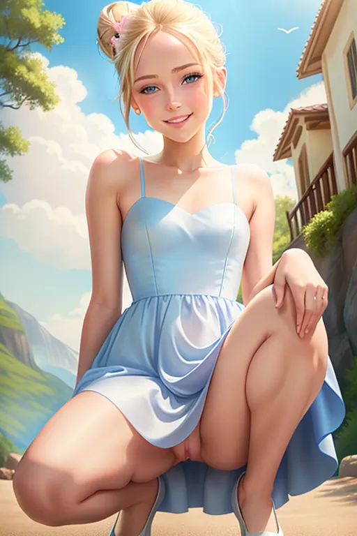 Disney princess, slender,skinny, blonde hair up in a bun, sexy blue eyes, soft cheeks, full lips, happy smile, curvy, small breasts, thin waist, full ass, half naked, pink dress, wind blowing dress, fucking, pussy, aroused, pink butt plug, cum dripping, squatting,facing the camera, looking at the camera