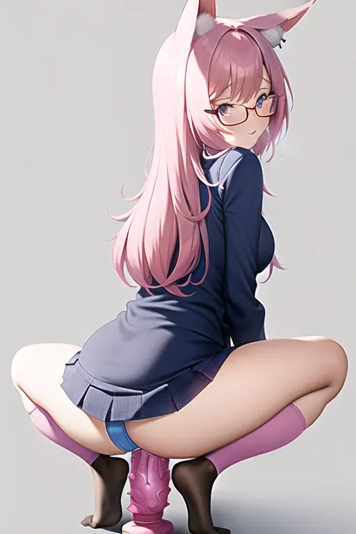 <lora:dpmg_riding_dildo:1>, short banks, pink hair, glasses, shy , e-girl, short skirt, fox ears, eyes roll back, big blue dildo, long pink socks, beautiful