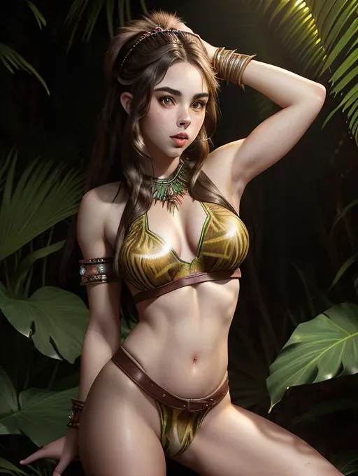 realistic HD photograph of, (((side full body profile)))(((mckayla maroney)))((accurate face)), (((As a Jungle Princess)))(((wearing exotic tribal leather buckskins))))((freckled face))(((exposed midriff))) ((((grabbing her breasts)))(((touching vagina)))(((masturbating)))), very sexy pose,(((perky breasts))), (((slender athletic build))),(((sexy biting lower lip)))(((short messy hairstyle)))(((mischievous playful expression))), beautiful face, beautiful lips,detailed large eyes,curved eyebrows,cgsociety,cinematic lighting,studio lighting,professional,editorial,