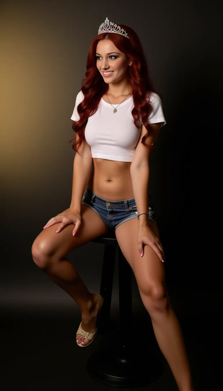 sitting on a chair in a studio, crossing legs, (((full body profile view))), a very tall, athletic, gorgeous fit young teen supermodel with long dark red beautiful curly shiny hair, wearing denim shorts, cropped white t shirt, tiara, beige stilettos, belt, very long legs, (huge breasts), earrings, bracelets, pendant, (makeup), muscles, visible toes, pink nails, eyelashes, toned, stunning physique, shiny oiled glistening skin, pink lipstick, wide hips, smiling