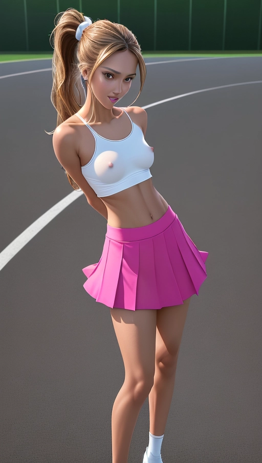 masterpiece, best quality, 64K, photorealistic, UHD, extremely detailed, color photograph of ((perfect mix of Jessica Alba and Kristina Pimenova)), cheerleader doing full standing split, tanned, skinny, athletic, thigh gap, hip bones visible, perky breasts, ((flat chested, hard nipples)), tight pussy, braless, no bra, ((no panties)), extremely thin cotton material, short crop top, underboob visible, (hard nipples visibly pressing on inside of top), deeply scooped neckline, low waist skirt, extremely short cotton skirt, skirt slit to waist, ponytail, ponytail hair, smiling, eager to please, highly detailed face, (show full body), low angle view, (upskirt view of pussy),
ultra realistic, hyper realistic