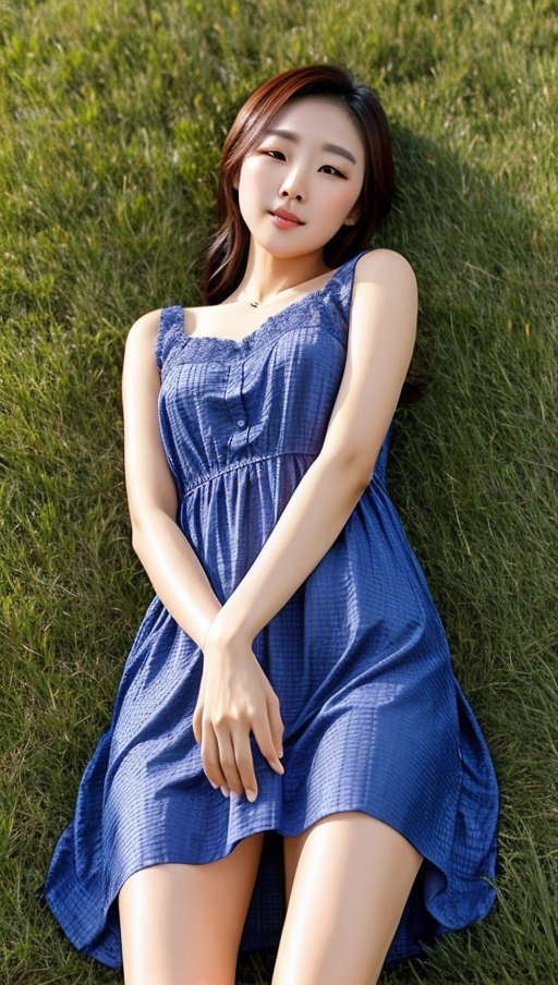 stunning beautiful korean lady, in a park, teasing, smile, blueish summerdress, (lying on a meadow), ((beautiful pussy))