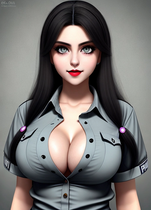 Cute Italian girl, simple grunge makeup, pale colored eyes, big wide eyes, smile, black hair, big lips, high riding huge boobs, gigantic tits, police detective, button-down shirt, photorealistic, best quality, ultra high resolution