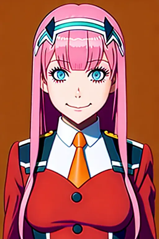 zero two (darling in the franxx), darling in the franxx, 1girl, aqua eyes, arms behind back, bangs, blunt bangs, breasts, closed mouth, cowboy shot, hairband, horns, leaning forward, long hair, looking at viewer, medium breasts, military, military uniform, necktie, oni horns, orange necktie, pink hair, red horns, smile, solo, standing, straight-on, uniform, white background, white hairband,naked <lora:dpmg_zerotwo:1>