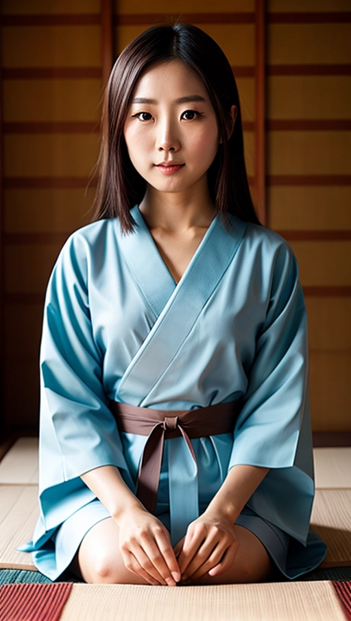 Young Japanese woman, late 20s, oval face, almond eyes, clear skin, fair complexion, brown hair, shoulder-length, slim build, B-cup, yukata, light blue, tea ceremony host, enjoys calligraphy, Kyoto, lying peacefully, serene expression, futon bedding, soft tatami mats, shoji screens, moonlight filtering, tranquil night