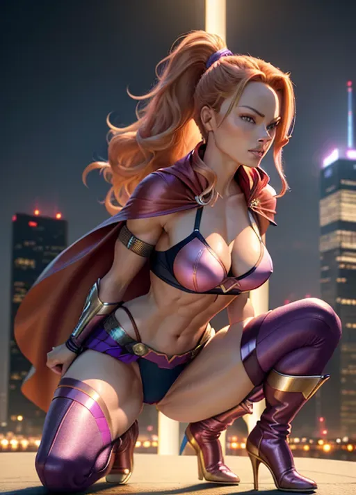 superheros, 2girls, two beautiful women, first woman has long red hair in ponytail (Dina Meyer) and second woman has short blonde hair (olivia Wilde),
sexy and tight body suites in a mix of pink and purple, sensual short skirt showing lot of clevage, cape and sexy gloves, short boots with high heels, superhero face mask, bracelets on arms and legs, perfectly toned and slender body, abs, small breasts with erect nipples visible, pussy camel toe visible, very pretty face, Highly detailed Eyes, arched eyebrows, senusal expression,
perfect composition, hyperrealistic, photorealistic, pretty face, dramatic action Pose, crouching stance with raised arms, full body view, Highly detailed, bright lighting, perfect composition, hyperrealistic, super detailed, high quality, sharp focus, intricate detail, extremely detailed, 3d, render, 8k, UHD, HDR, Masterpiece, best quality
metropol city setting at night, dramatic sky lit up by ligthning, posing on top of sky scraper, view from side
two legs