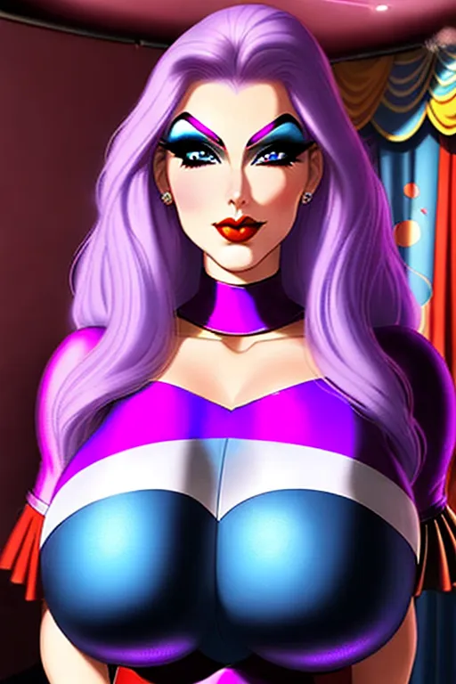 A 25 year old female superheroine, beautiful round face, large eyes, seductively smiling, large breasts, dressed in a sexy circus costume, circus makeup, long purple hair. Pale Blue eyes, comic book style