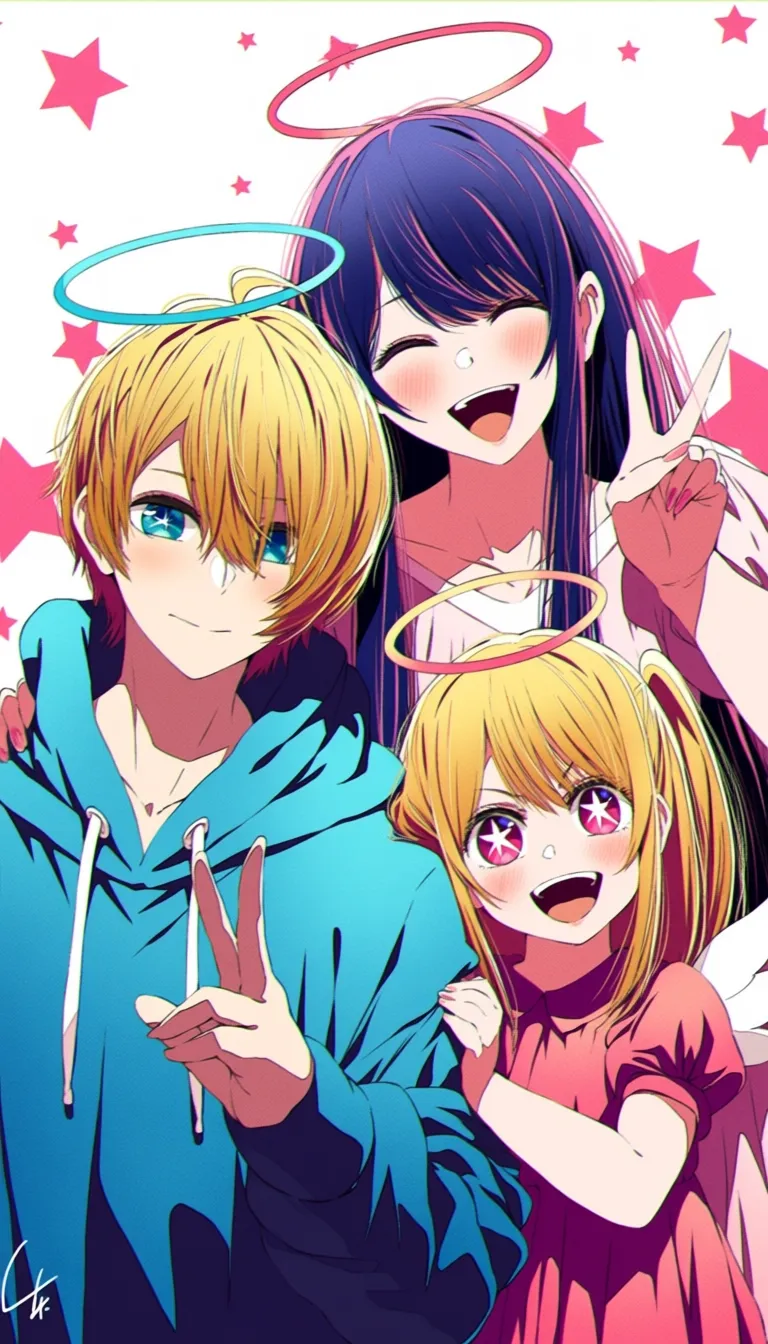 masterpiece, best quality, score_9, @4b-enpitsu, oshi no ko, hoshino ai, hoshino aquamarine, hoshino ruby, 1boy, 2girls, angel wings, blonde hair, blue eyes, blue hoodie, blush, closed eyes, dress, hair between eyes, halo, hand on another's shoulder, hood, hood down, hoodie, juliet sleeves, long hair, long sleeves, mother and child, mother and daughter, mother and son, multiple girls, one eye closed, open mouth, parent and child, pink dress, pink eyes, puffy sleeves, purple hair, short hair, sidelocks, star-shaped pupils, star (symbol), symbol-shaped pupils, teeth, upper teeth only, w, wings, commentary, highres