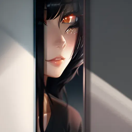 anime girl, black hair, peeking