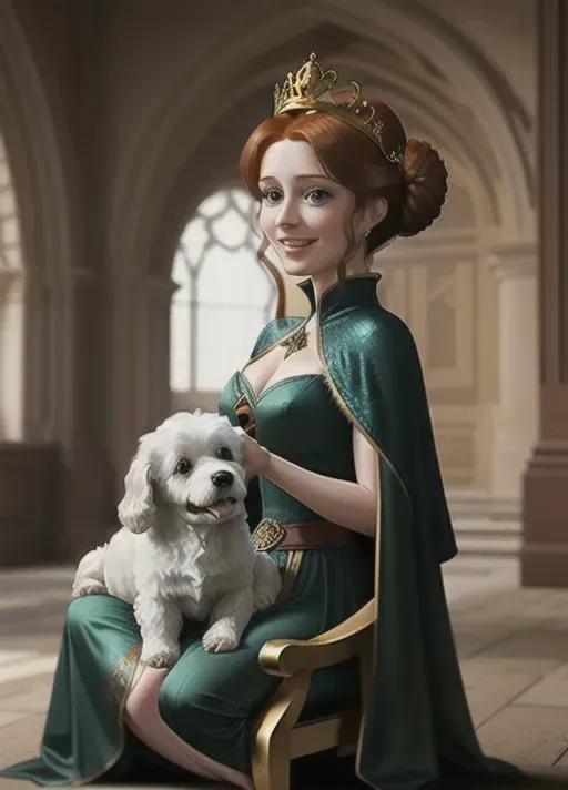 The beautiful adult auburn hair up in a low hanging bun mid-twenties moderate breasts big wide blue eyes smiling Queen Anna of Arendelle sits regally upon her throne in a dark green dress with black long sleeved jacket top and collarless gold trimmed long cape attached at the shoulders. holding a fluffy white bichon frise puppy. photorealistic. far shot. high resolution.