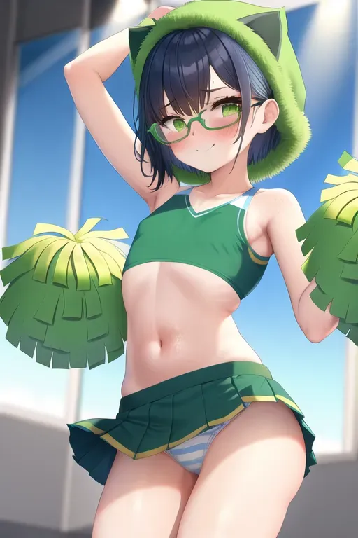 cheerleader,glasses,dark blue hair,smooth hair,short hair,small breasts,thin body,green shoes,cheerleader outfit,green clothes,hourglass body,flat ass,flat chest,small ass,ushanka,green pompoms,green eyes,cute eyes,blushing,cute pose,hot pink background,small body,cute face,shiny eyes,cute face,green skirt,hairy armpits,ribcage,cute hips,teen,happy,cheering,cheerleaders,freckles,belly button,cat smile,small body,young,aged down,cheer,jumping up,white panties with blue stripes,tight panties,tight shirt