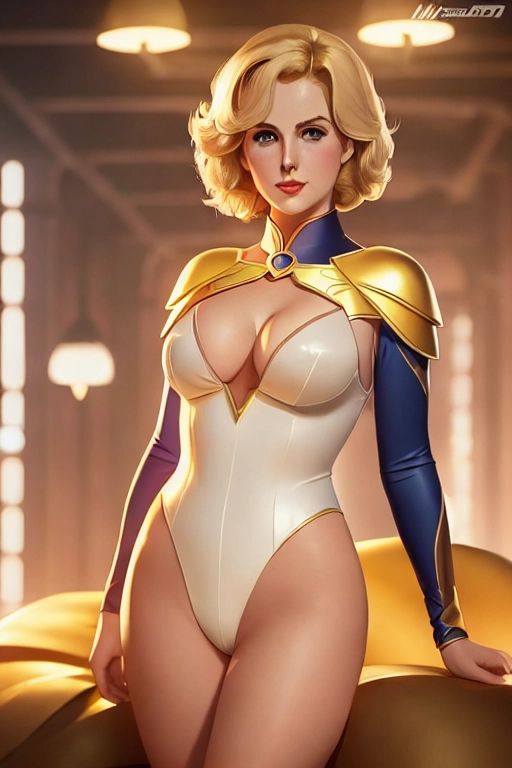 an illustration of, a young Margaret Thatcher as Power girl, ((full body and thighs visible)), by Pixar, revealing leotard-style costume, in the city
, small breasts, five fingers per hand, charming face, beautiful lips, short blonde hair, accurate face, curved eyebrows, curved eyelid, peaceful, 8k, smooth, art station,ultra-realistic