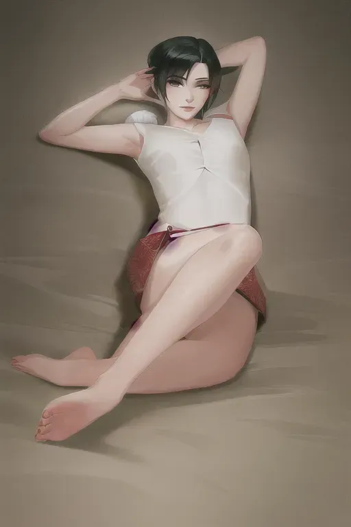 1girl , feudal japan , edo period , night , japanese , highres , short hair, dark hair, black hair, green eyes , almond shaped eyes , thin lips , parted lips, solo, ((masterpiece)),photo referenced::5, pale skin, tenchu, kunoichi, professional, ultra high res, kuugire, stealth, soft feminine facial features, button nose, 25 years old, seductive look, arrogant look, sinister look, detailed face, detailed eyes, dark kimono, feet, foot, toes, toe, underwear, panties,