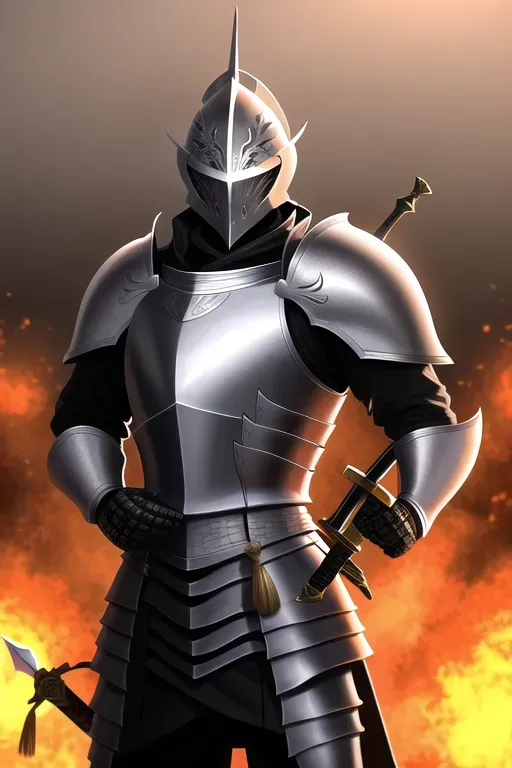 Knight, full face helmet, with a sword, male, 8k wallpaper, best quality, ultra hd, global lighting, hi-resolution, high quality, highly detailed, in a battlefield, fire in the background