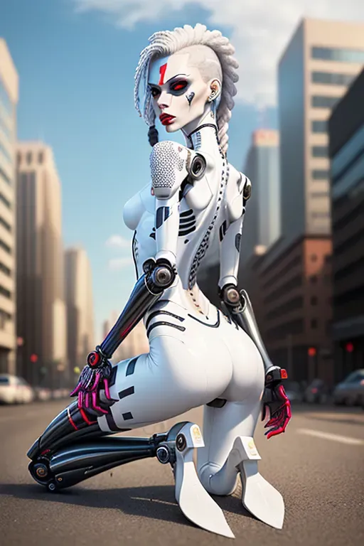 Androgynous cyborg culturist body, fully red latex masked face, thigh high red booted, muscular, long sharp red nails, (photorealistic), (realistic), (best quality), (masterpiece), (pale colors), ((detailed facial features), ((anorexic skinny body)), ((cyborg robotic limbs)), ((plump bimbo lips)), ((small skinny butt)), ((thin skinny thighs)), realistic face, realistic eyes, anorexia, abs, ribs, pelvic bones (outdoor setting), (white body paint), white body art, matte skin, dalmatian pattern, piercing, wings, (multiple tattoos), piercings, chains, latex, goth, punk, dirt, fishnet, ornaments, dark blue hair long hair, nude, leggings high heels, 5 fingers on hands, 2 hands, 2 arms, 2 legs, 2 breasts, city background, warzone in the background, exposed pussy and breasts, long braids and dreadlocks