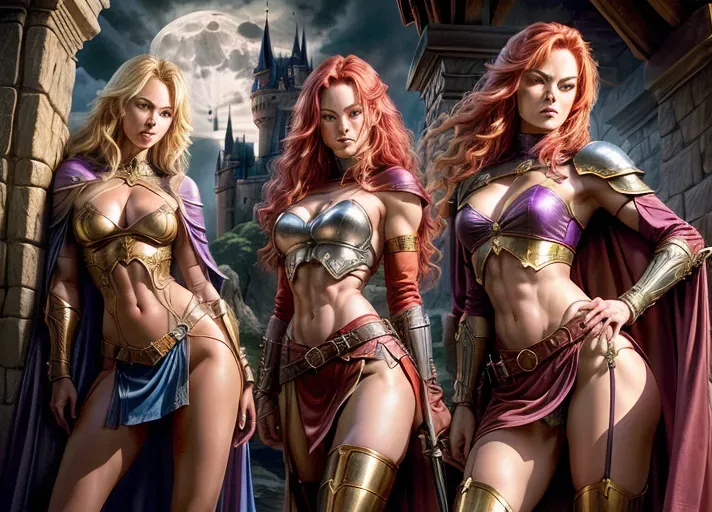 High fantasy setting (Dungeons and Dragons), two young women ((Olivia Wilde with long blonde hair and Dina Meyer with short red hair)), wearing purple and blue armour, long cape, skirt to knees, high leather boots, medium natural breasts with large cleavage, toned and slim body, abs, slender arms and legs, small ass, exposed midrif, narrow waist, sensual expression, sharp features, very beautiful face, high cheekbones, curved eyebrows, sexy pose, holding dagger or sword in one hand, looking at the viewer, sensual and very confident smile,
riding a horse, women are passionately kissing,
castle on a cliff next to a lake and forest in the background, full moon, moon light,
two arms, two hands, five fingers, detailed fingers, two legs, two feet, check number of hands, remove extra hands, check finger congfiguration,
best quality, <lora:dpmg_add_detail:1.4>, vivid colors, cinematic composition, artificial light, UHD, HDR, highest quality, highest resolution, (photorealist), (photorealism), (masterpiece:1.4)