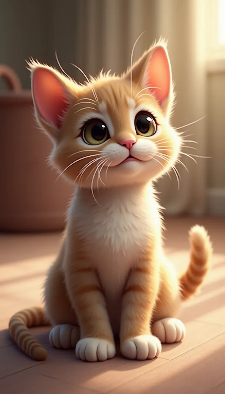 A cute cat sitting gracefully, with big expressive eyes and a fluffy tail curled around its paws. The background is softly blurred, featuring a cozy indoor setting with warm lighting. The cat has a playful expression, with its ears perked up and a slight tilt to its head. The fur is detailed, showing subtle variations in color and texture. The composition follows a 9:16 aspect ratio, perfect for a portrait-oriented image, with the cat centered to draw focus. The style is realistic with a touch of whimsy, enhancing the cat's adorable features.
