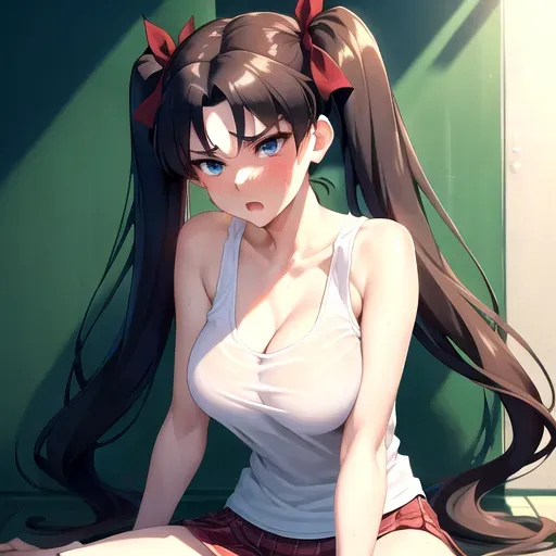 Rin Tohsaka, Rin, Tohsaka, Fate Stay Night, Fate, Nyotengu (DOA), Dead or Alive,
masterpiece, solo, best quality, nsfw, bokeh, uncensored, ultra realistic face, perfect eyes, perfect edges, two arms, two hands, ultra realistic, perfect face, perfect anatomy, (soft focus), ((perfect lighting)), full body, beautiful woman, beautiful, mature woman, sexy, adult, old adult, mature adult,
pigtails with ribbons, long black hair, full bangs, small eyes, tiny eyes, proportional eyes, blue green eyes,
cleavage, ((perky breasts)), big breasts, big boobs, huge boobs, busty, perfect boobs, perfect breasts, skinny, thin,
tank top, round neck top, flowing tank top, see-through tank top, loose shirt, joggers, sporty, running attire, casual clothes, casual, summer clothes, dressed for a hot day, sweaty, wet, sweaty body, wet body, dripping wet, plaid skirt
naughty, naughty expression, naughty face, naughty look, seductive, seducing, horny expression, horny, embarrassed,